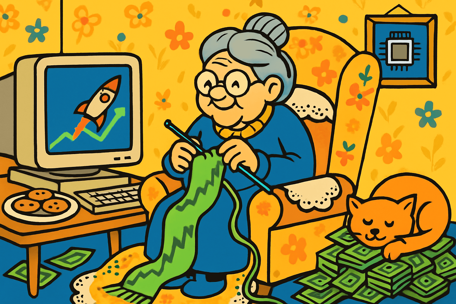Grandma knitting a stock chart in her living room